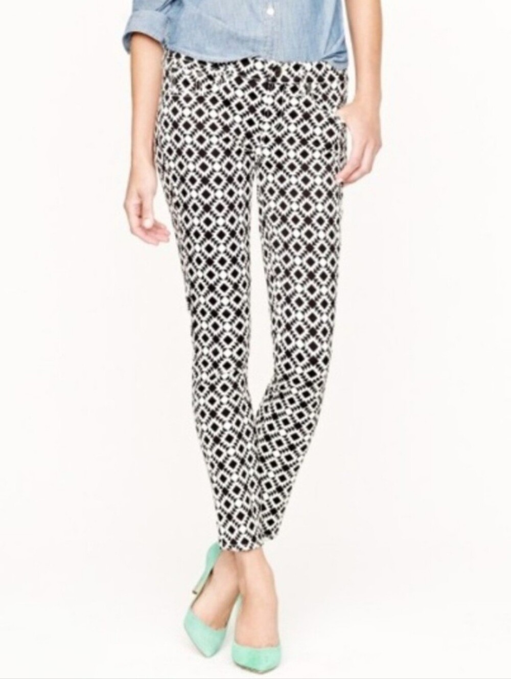 J. Crew Toothpick Black White Ikat  Geometric Print Jeans 27 Waist